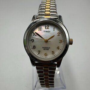 3/$30 Timex Watch Women Two Tone Mother of Pearl Dial Stretch Band 6.75"